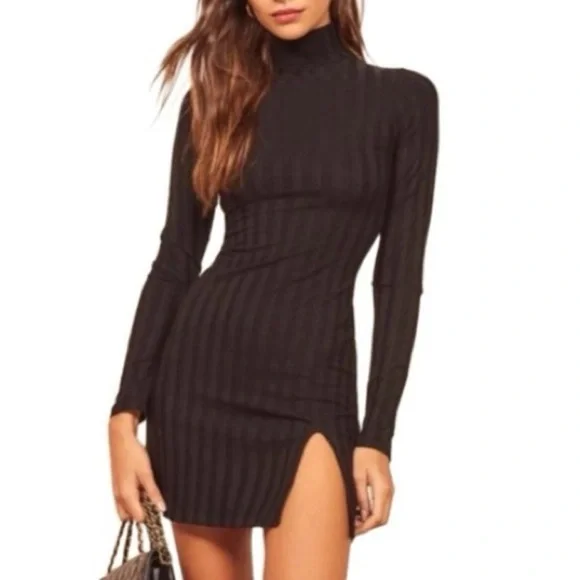 NEW REFORMATION Libra Knit Dress Black
$128 Wide Rib Faux Turtleneck Slit Large - Picture 2 of 13